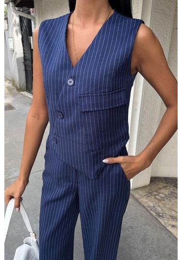 Yeleği Çapraz Detay Düğmeli Cepli Yelekli Takım 10150 Laci Vert