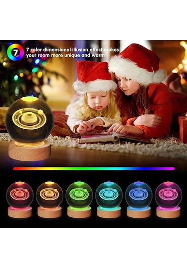 Ahşap Tabanlı 3d Kristal Noel Lambası 7 Renk Led 6cm 6 Çok Renkli