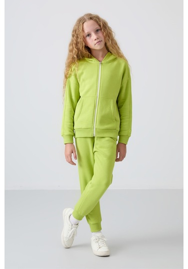 Tommy Life Lime Yeşil Pamuklu İçi Tüylü Yumuşak Dokulu Standart Fit Nakışlı Kız Çocuk Eşofman Takım - 75148 Yeşil