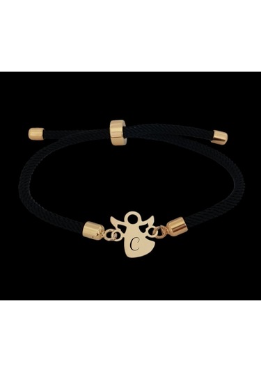 C Harfine Özel Örgü İpli 14 Ayar Altın Plakalı Mevlana Motifli Hediye Bileklik-319harf-siyah Altın