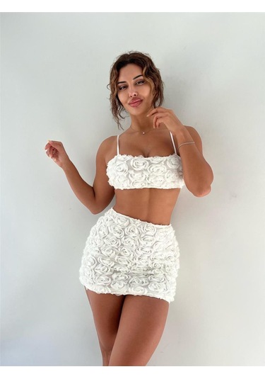 Pink Life Beyaz Üç Boyutlu Çiçek Desenli Fermuar Detaylı Mini Ikili Takım Elbise-Beyaz