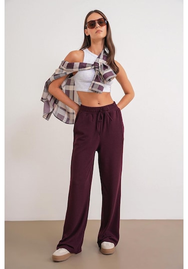 4757 Kadın Lastikli Bol Paça Örme Dökümlü Selanik Pantalon Mürdüm Mürdüm