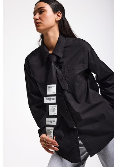 Itsbasic Kadın Siyah Renk Oversize Kravatlı Özel Tasarım Bol Kesim Gömlek