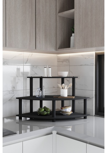 Dekoratif Oval Köşe 3 Katlı Tezgah Üstü Raf 50 Cm X 50 Cm Siyah Siyah
