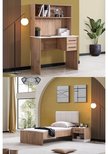 Genç Odası Efes Çalışma Masası,karyola,komodin Ceviz Krem Ceviz