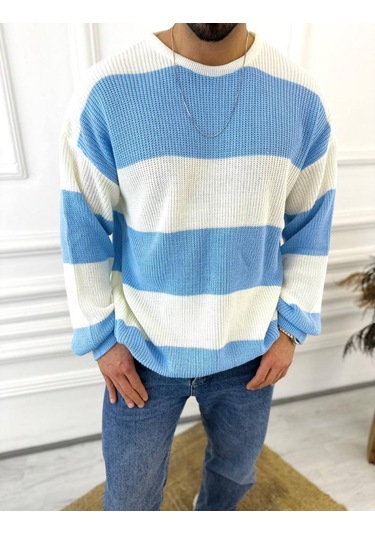 Kazak Oversize Tüylenmez Naturel Pamuk Örme Triko Kazak Mavi