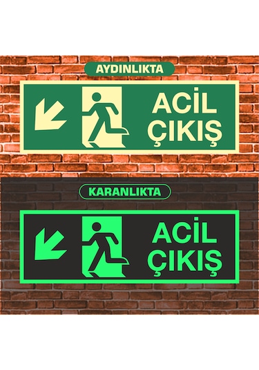 Fosforlu Acil Çıkış Sol Aşağı Çapraz Uyarı İkaz Tabelası 10x30