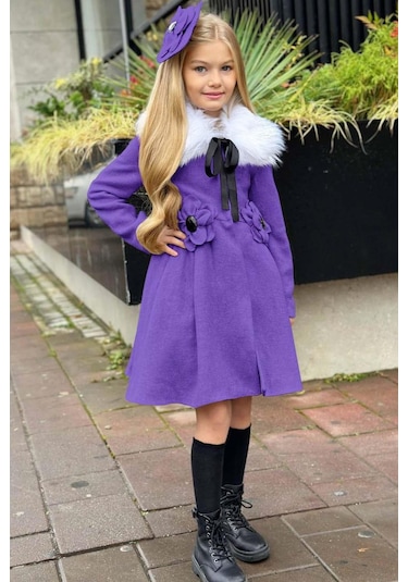 Riccotarz Kız Çocuk Kürk Yakalı Önü Çiçek Ve Elmas Taş Detaylı Mor Kaşe Mor