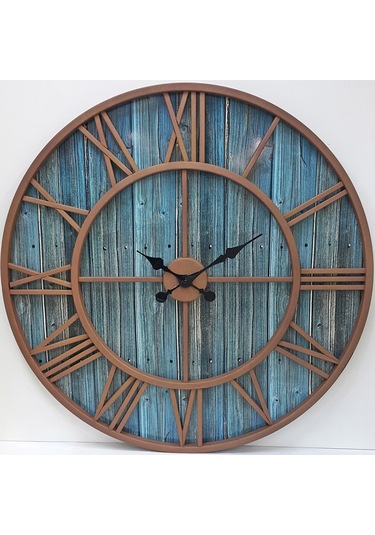 Otantik Ferforje Metal Ahşap Eskitme Duvar Saati 76Cm Ahşap