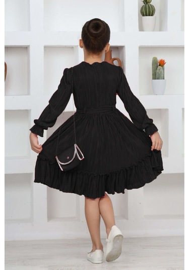 Kız Çocuk Örme Saten Çanta Detaylı Pliseli Astarlı Elbise Siyah