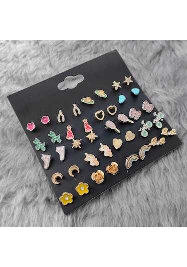 Chavin Çocuk Genç 20 Çift Mineli Figür Küpe Seti es91 Çok Renkli