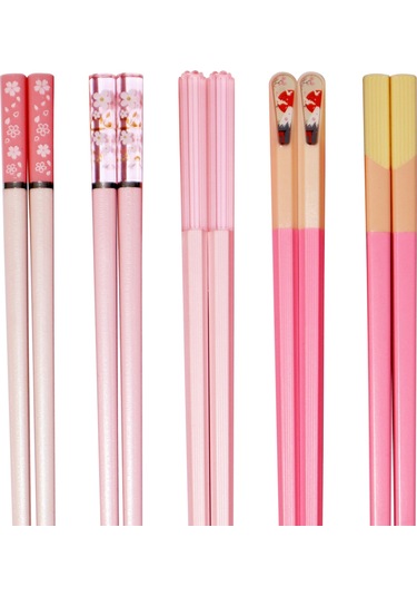 Ximistore9 5 Çift Pembe Cam Fiber Çubuk, Japon-kore Stili, Yeniden Kullanılabilir, Kaymaz, Bulaşık Makinesine Uygun, 9.6 İnç, 5 Farklı Desen Pembe