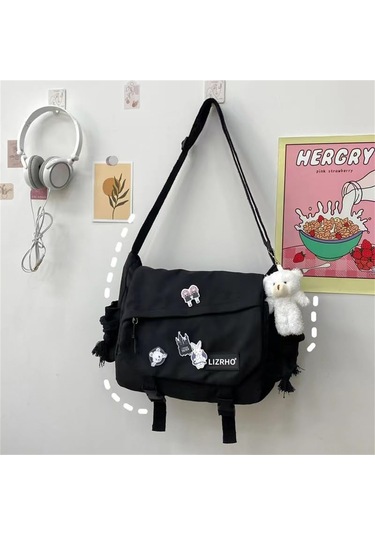 Dofolink Siyah Nylon Tek Askılı Çanta - Geniş Hacimli, Zip Açılışlı, Sokak Tarzı Postacı Çantası Öğrencilere Uygun Siyah