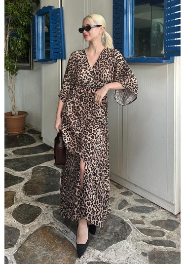 Madmext Kahverengi Desenli Yırtmaç Detaylı Uzun Elbise Mg2321 Kahverengi