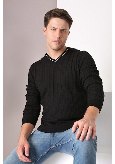 Ferraro Siyah V Yaka Erkek Pamuk Kazak Siyah (490435483) Siyah