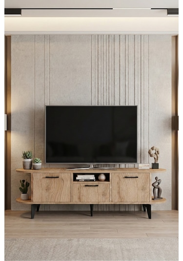Tv Sehpası 160 Cm Modern 3 Kapaklı Tv Sehpa Çok Amaçlı Konsol Ünitesi Mira Bej