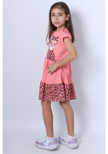 Kız Çocuk Elbise Fırfırlı Kedicik Baskılı C13 Pembe