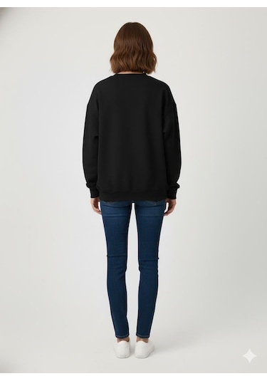Afri Siyah Oversize Ayıcık Baskılı Kaşkorse Ribanalı 3 İplik Sweatshirt Siyah