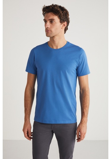 Mıchel Erkek Slim Fit Dar Kesim %100 Organik Pamuklu Yana Kayan Dikişli Basic Örme Mavi T-shirt