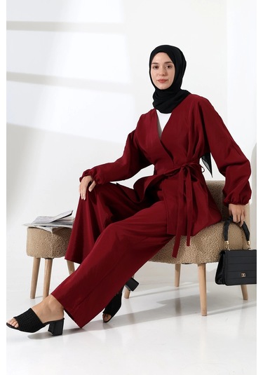 Kadın 100% Pamuk Modal Bordo Kimono Pantolon Tesettür Takım Çok Renkli