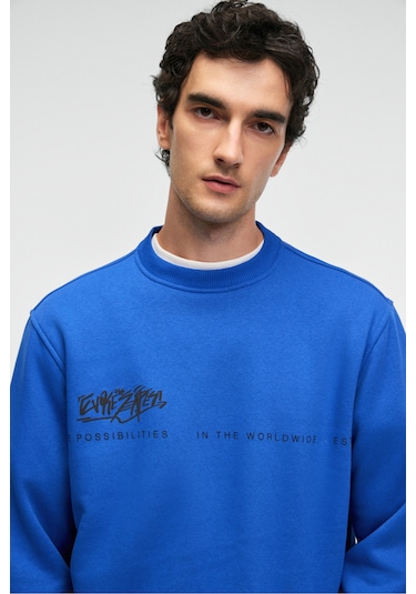 Grimelange IRVING Erkek Yuvarlak Yaka Göğsü Ve Önü Regular Fit Mavi Sweatshirt