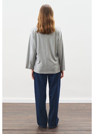 Yüksek Yaka Bağlamalı Bluz Gri Melanj Gri Melanj