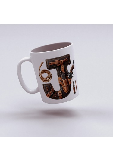 J Harfi Kovboy Temalı Bardak 330 Ml İsim / Harf Kişiye Özel Hediye - Vahşi Batı Konsept Beyaz