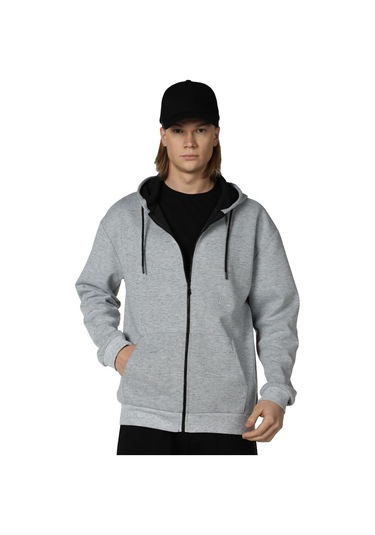 Erkek Kapüşonlu Fermuarlı Oversıze Sweatshırt Koyu Gri Gri Melanj