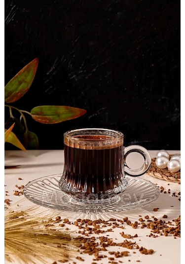 Çeyizci Çarşı 12 Parça Cam Kahve Fincan Seti Origami Çizgili Desen Nescafe Fincanı Cam Tabaklı Çay Takımı 125cc Şeffaf