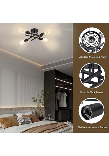 Dashanshop Siyah Vintage Demir Avize E27 E26 Ampul Aplikli Yatak Odası Salon Koridor Siyah