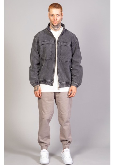 Oversize Erkek Siyah Kar Yıkama Modelli Fermuarlı Bomber Kot ... Füme