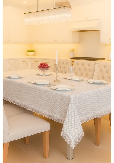 Lüks Gri Dantel Detaylı Masa Örtüsü Şık Desenli Su Geçirmez Kumaş Şık Sofra Dekoru Gri