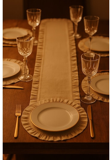 Fırfırlı Runner Ve Supla Takımı - Masa Örtüsü Takımı 7 Parça 145x40 Bej