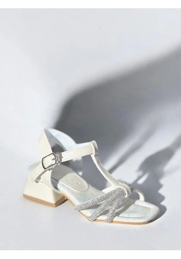 Kız Çocuk Deri Ortopedik Taşlı Topuklu Ayakkabı-15742 Ekru