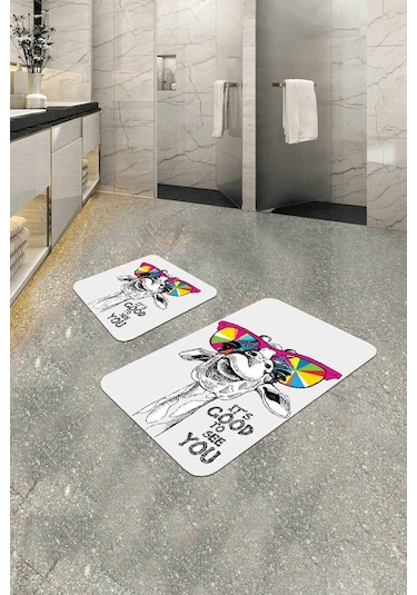 Ekru Hayvan Temalı Banyo Halısı Klozet Paspas Seti Bs313