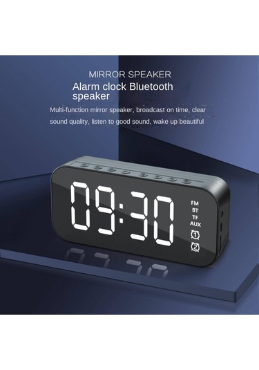 Yunboo Siyah Mini Masaüstü Müzik Hoparlörü - Akıllı Alarm Saati, Led Ayna Ekranı, 6 Saat Çalma Süresi, Bluetooth 5.0, Ev Ve Ofis İçin