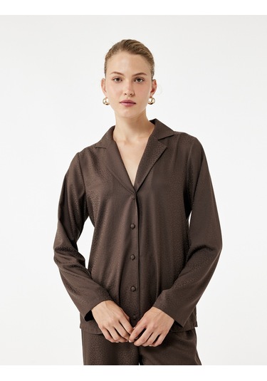 Koton Rahat Kalıp Uzun Kollu Gömlek Yaka Saten Pijama Üstü Kahverengi 6wlk50027mw Kahve