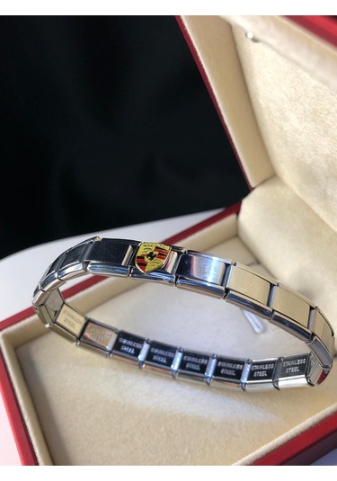 Erkek Kadın Çelik Bileklik - Porsche Logo Model Italy Nomi Charm Sevgiliye Eşe Babaya Gümüş
