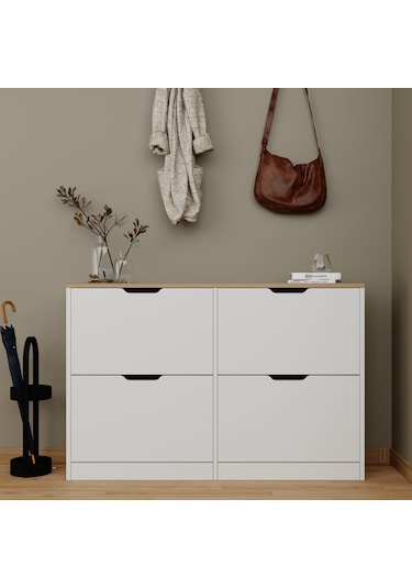 İsan Düşer Kapak 4 Bölmeli Ayakkabılık Beyaz-ceviz 120 Cm Ceviz - Beyaz