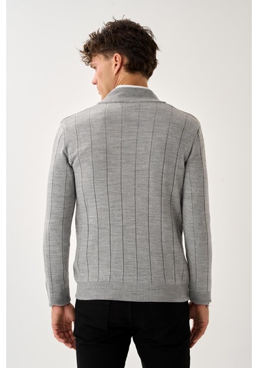 Dikey Dokuma Desenli Fermuarlı Triko Kazak Gri