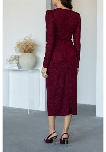Kadın Büzgü Detaylı Simli Gece Elbisesi Dpnbmy3633 Bordo