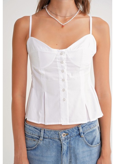 4737 Kadın Düğmeli Kuplu Pileli Bluz Beyaz Beyaz