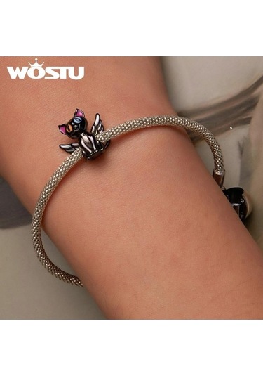 Novahub Siyah 925 Ayar Gümüş Melek Kedi Charms Kolye Kadınlar İçin Orijinal Takı Siyah