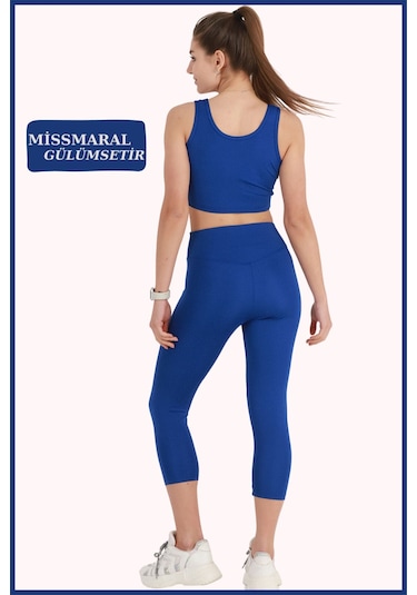 Kadın Yüksek Bel Toparlayıcı Kapri Tayt Saks Mavi Dar Paça Karyoka Dikiş Detaylı Capri 1020 Sax Mavi