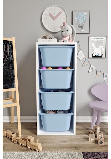 %100 Mdf - Large Mono 4 Büyük Sepetli Oyuncak Dolabı Mavi