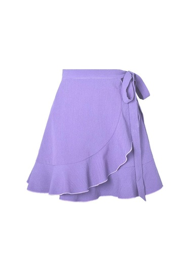 Yaz Kravat Yüksek Bel Düz Renk Fırfırlı Kısa Yarım Vücut Etek Mor