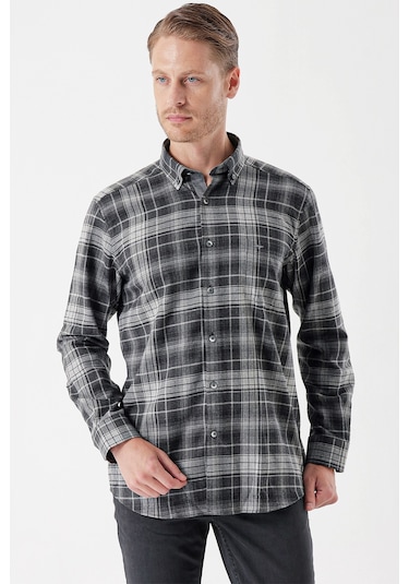 Siyah Uzun Kollu Ekoseli Gabardin Sert Yaka Cepli Garnili Casual Comfort Fit Gömlek 1004235112-siyah Siyah