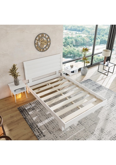 Hüma Model Beyaz Renk Çam Ahşap Karyola Yatay -278 180 x 200 CM