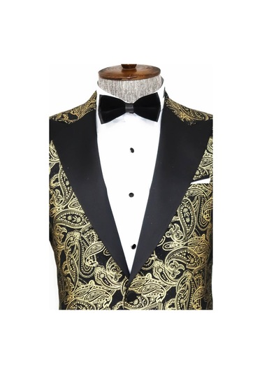 Wessi Desenli Sivri Yakalı Siyah Erkek Smokin Ceketi Siyah