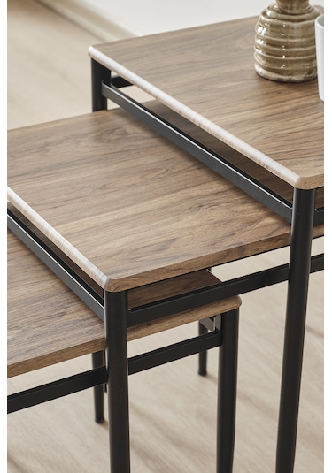 Damrin Serisi Traverten Desen 1. Sınıf Mebran Mdf 3 Lü Zigon Sehpa Takımı Ceviz Desen - Siyah Ayak